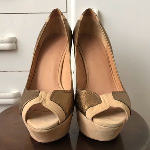 L.A.M.B. Gold & Nude platform heels